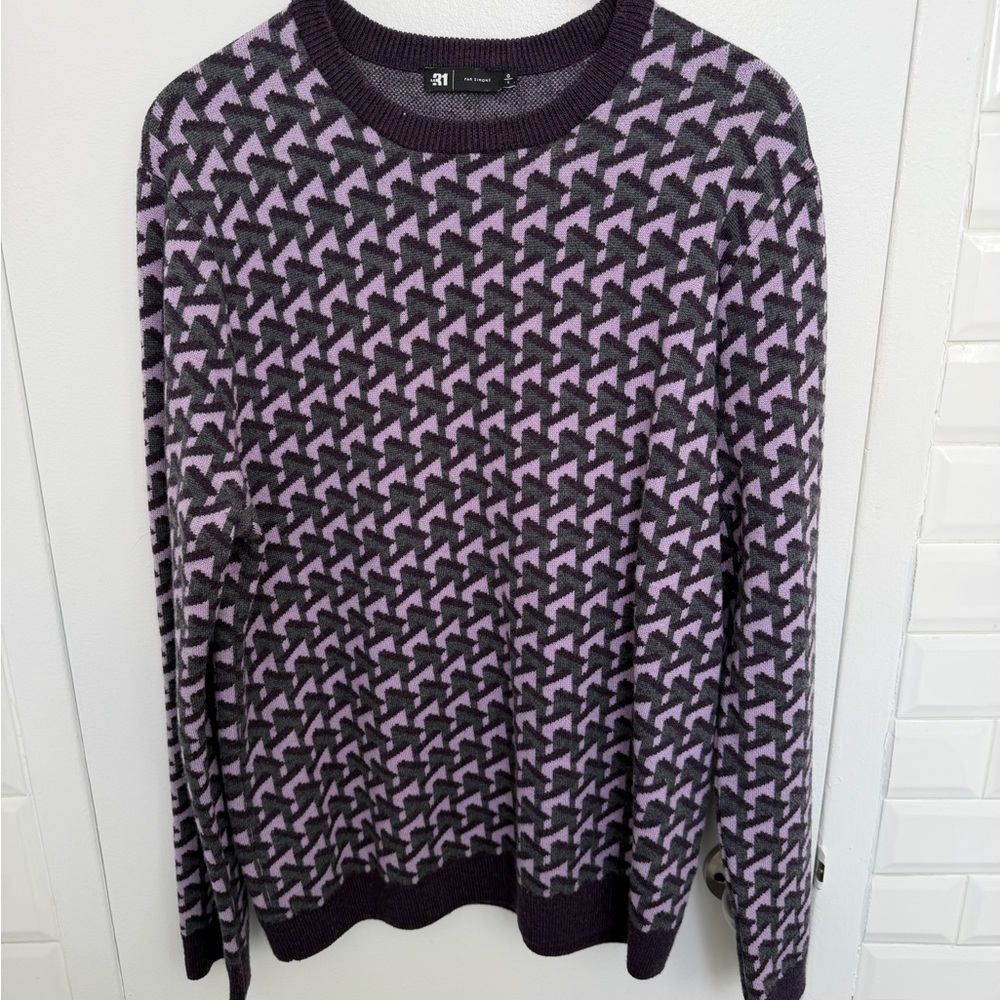 Simons 100% merino wool Purple and Black retro Geometric Crewneck Sweater